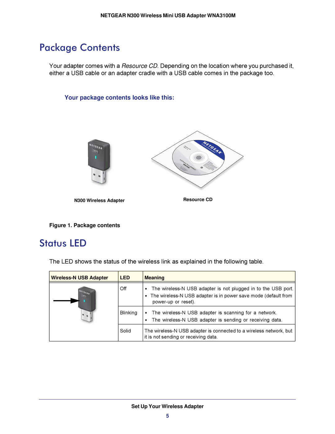 NETGEAR WNA3100M user manual Package Contents, Status LED 