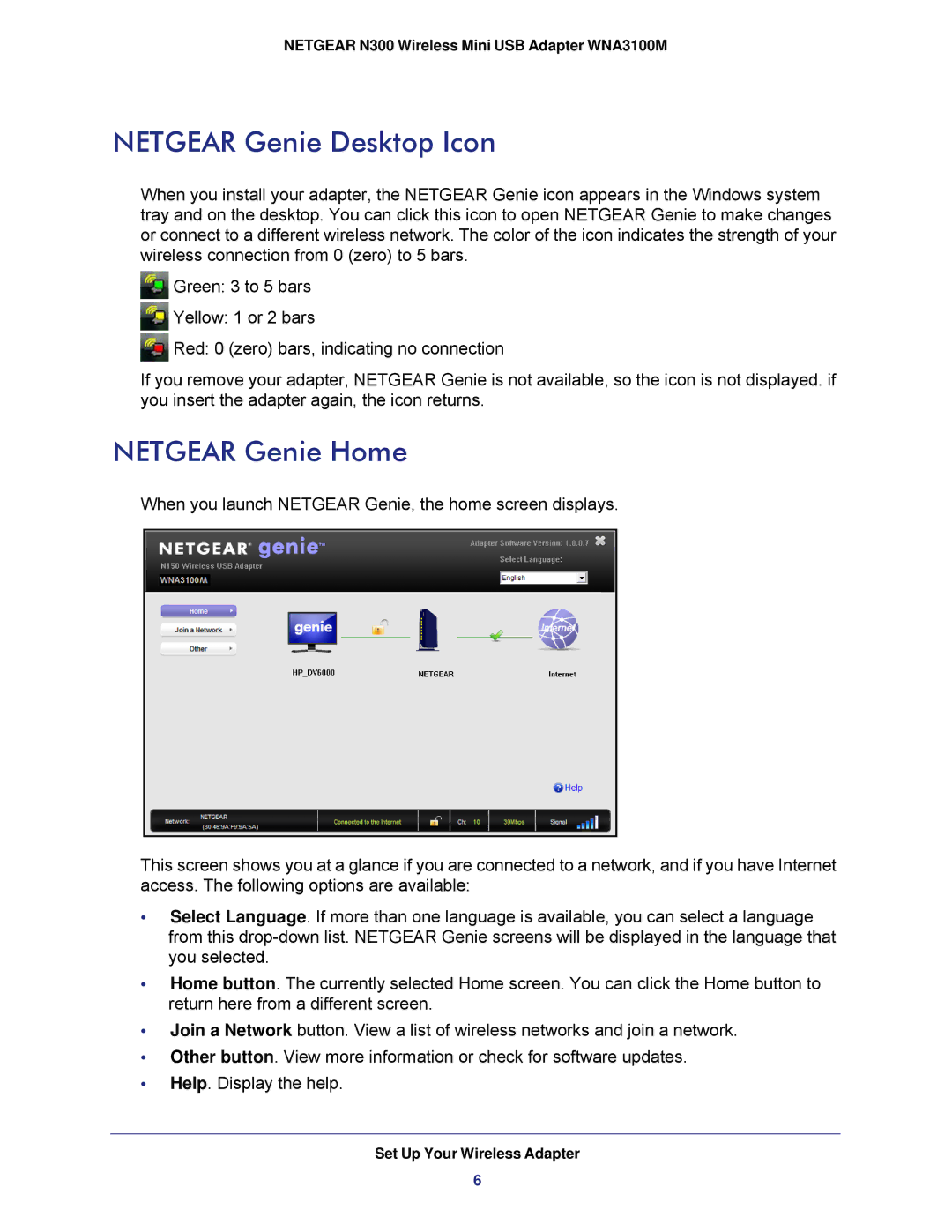 NETGEAR WNA3100M user manual Netgear Genie Desktop Icon, Netgear Genie Home 