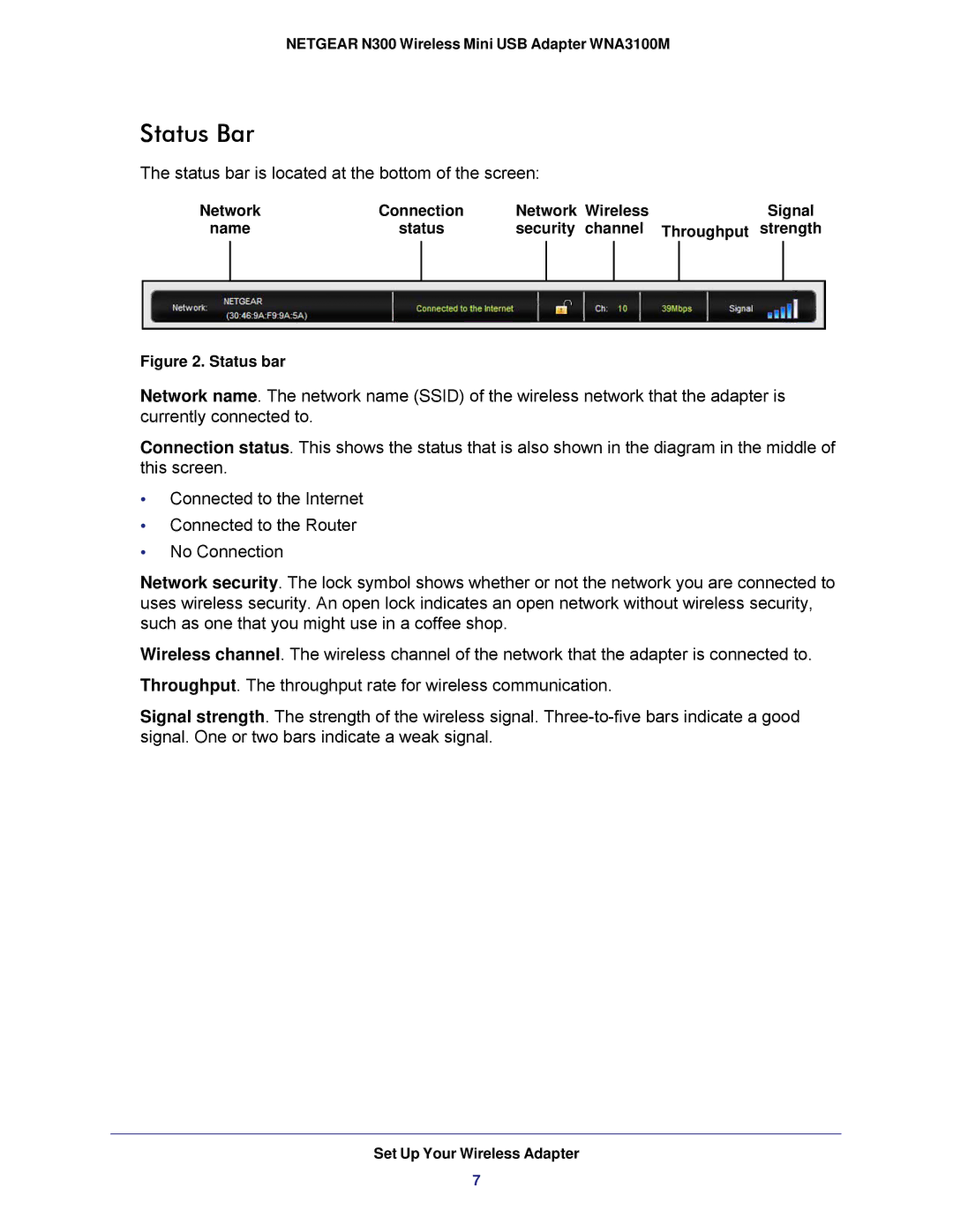 NETGEAR WNA3100M user manual Status Bar, Status bar 