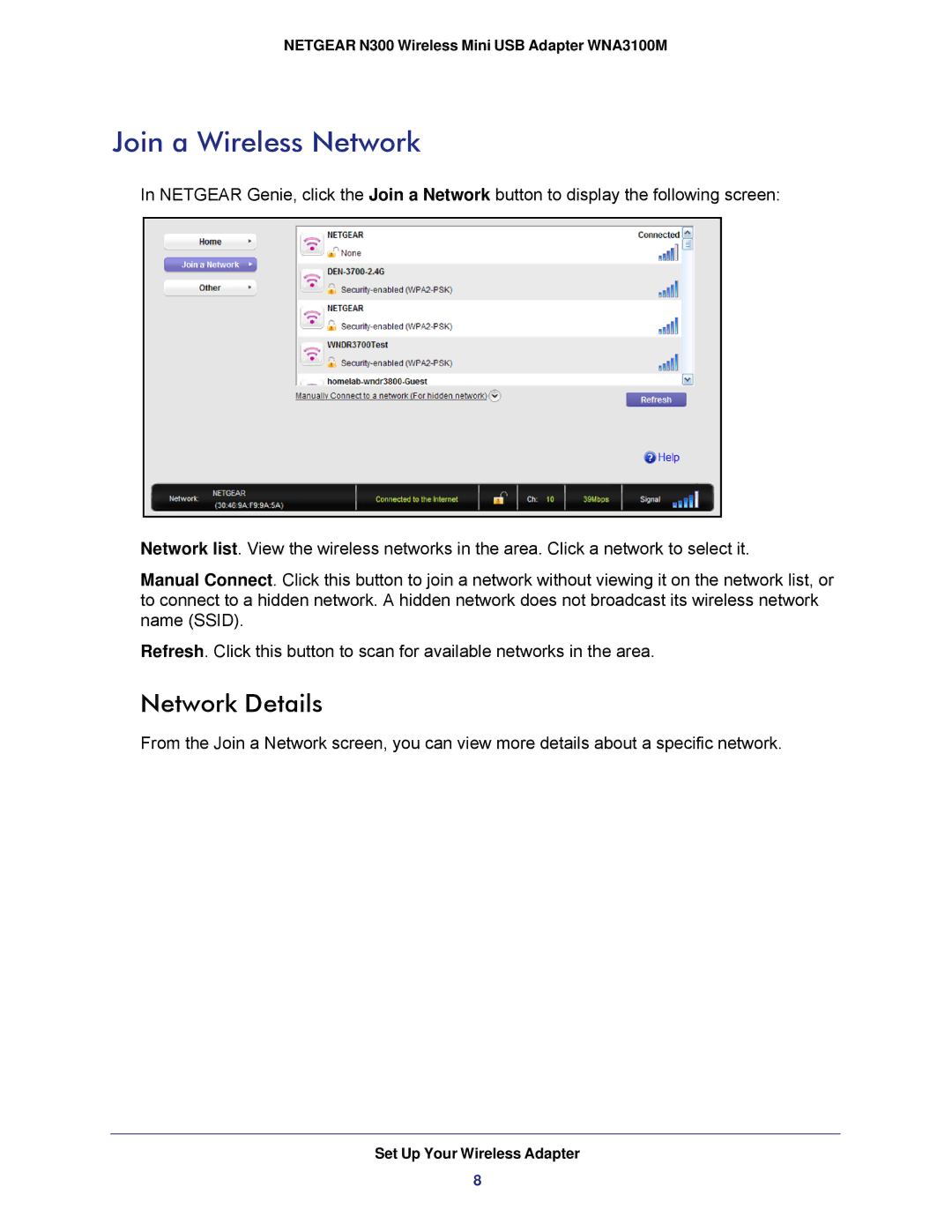 NETGEAR WNA3100M user manual Join a Wireless Network, Network Details 