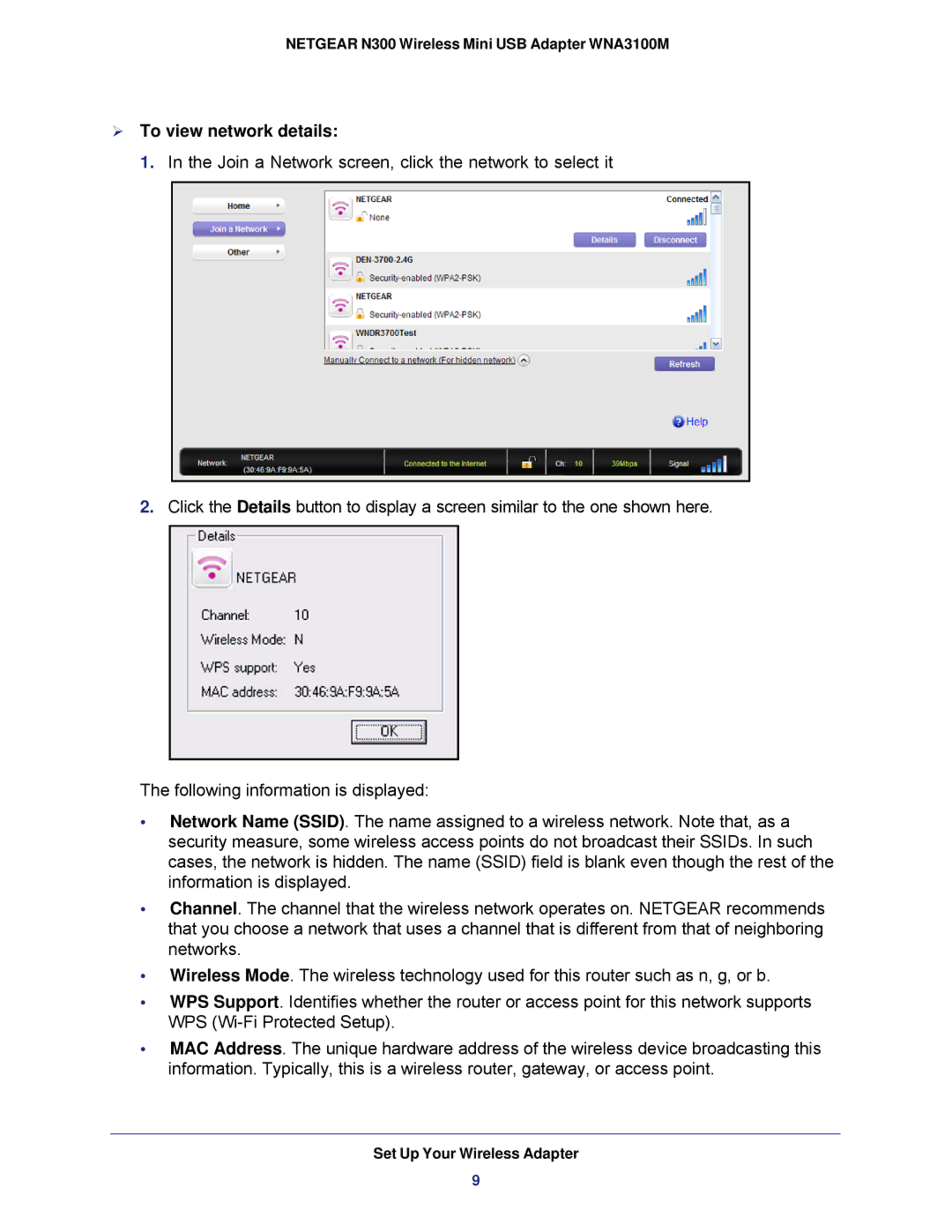 NETGEAR WNA3100M user manual  To view network details 