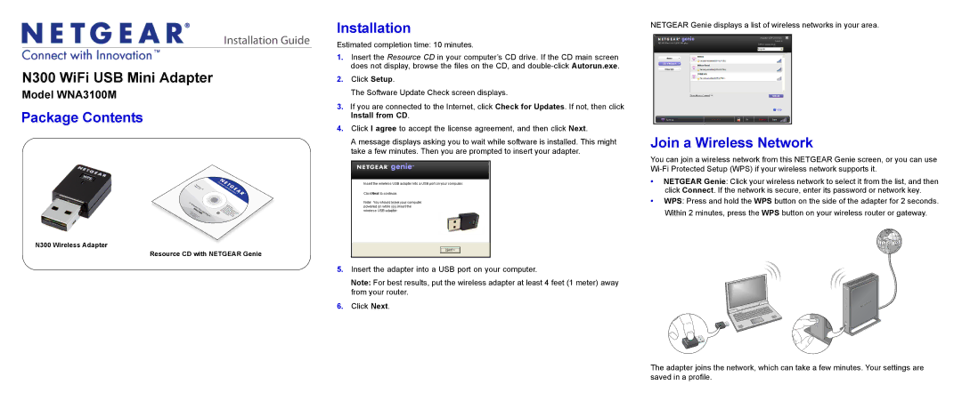 NETGEAR WNA3100M manual Package Contents, Installation, Join a Wireless Network 