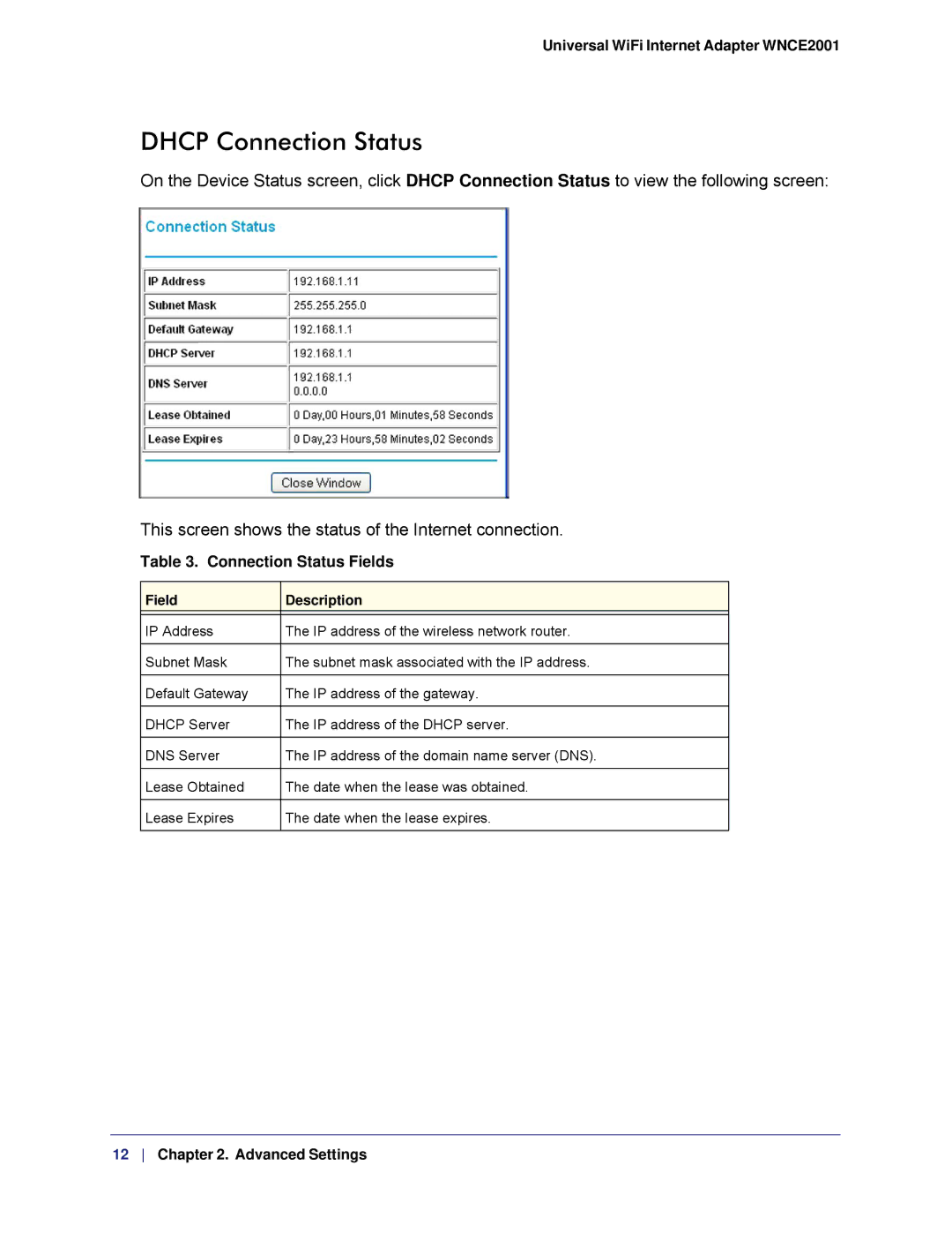 NETGEAR WNCE2001, WMCE2001-100NAS user manual Dhcp Connection Status, Connection Status Fields 