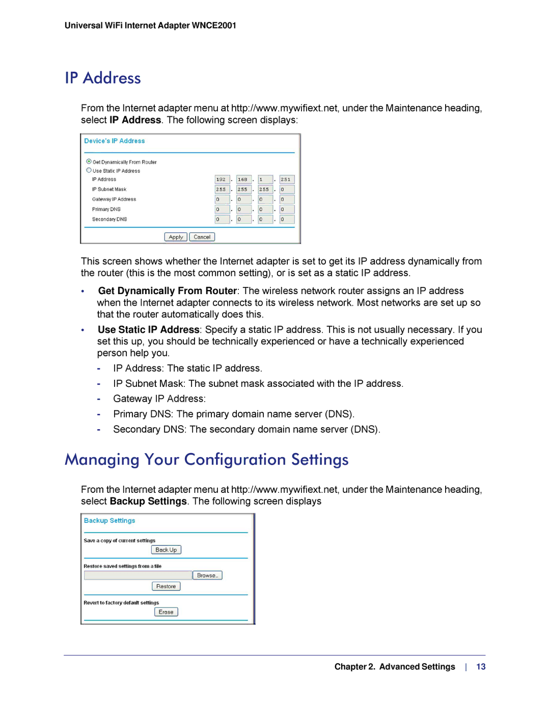 NETGEAR WMCE2001-100NAS, WNCE2001 user manual IP Address, Managing Your Configuration Settings 