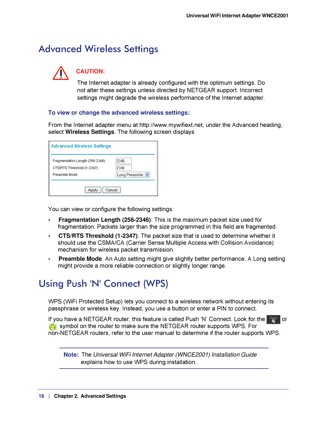 NETGEAR WNCE2001, WMCE2001-100NAS user manual Advanced Wireless Settings, Using Push N Connect WPS 