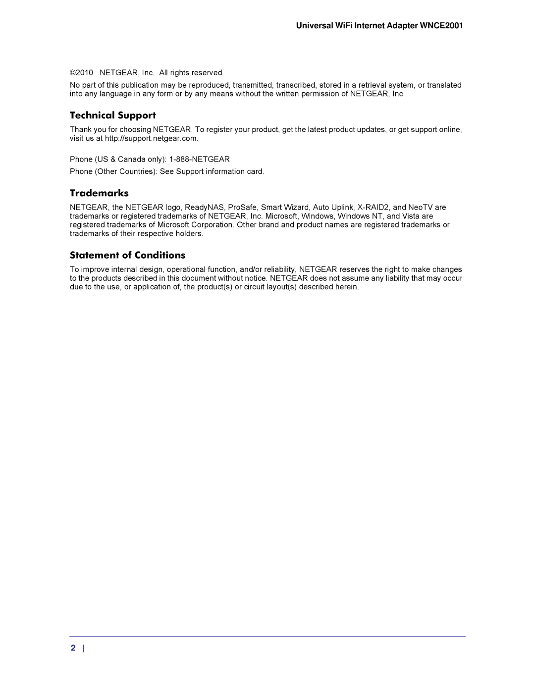 NETGEAR WNCE2001, WMCE2001-100NAS user manual Technical Support, Trademarks, Statement of Conditions 