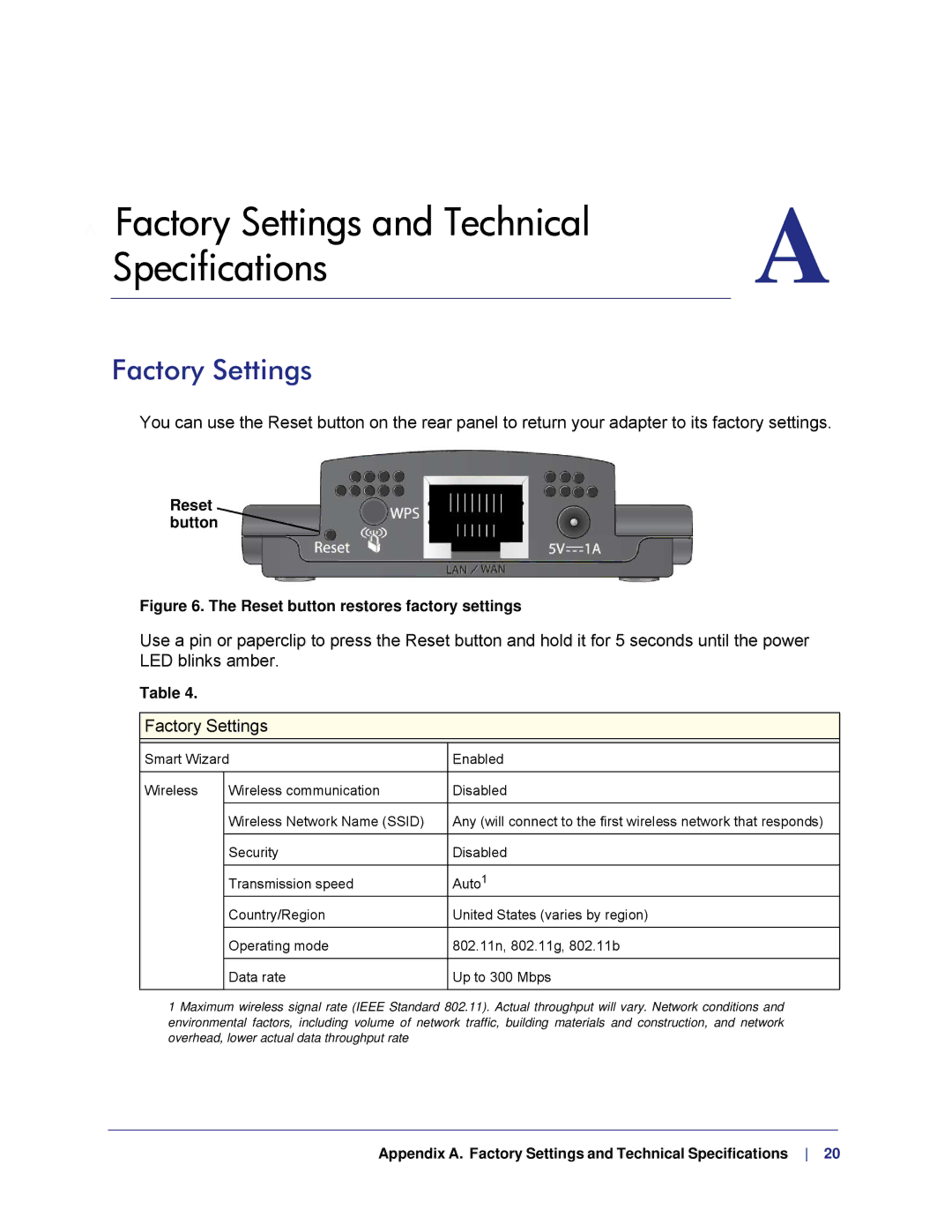 NETGEAR WNCE2001, WMCE2001-100NAS user manual Factory Settings and Technical Specifications 