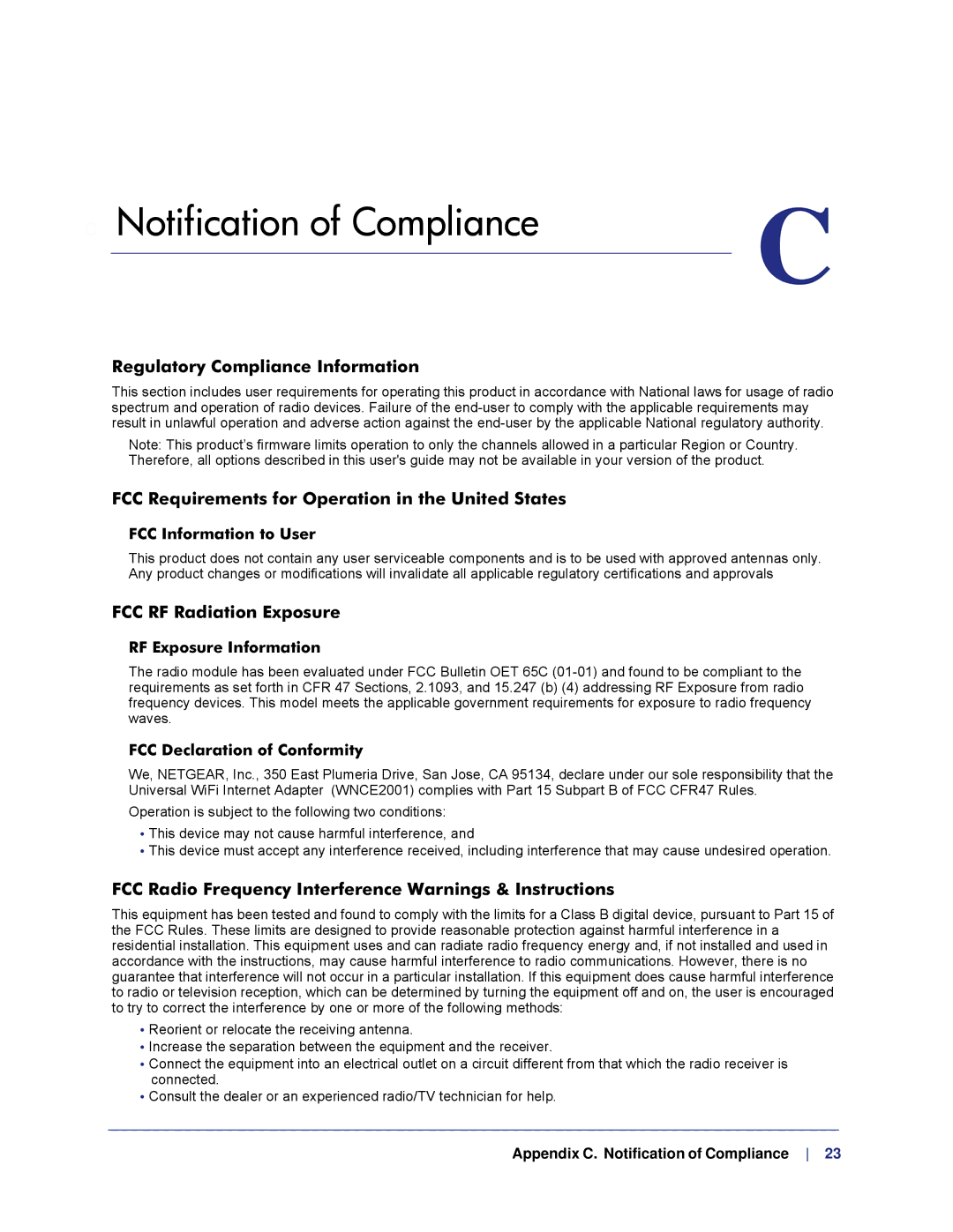 NETGEAR WMCE2001-100NAS, WNCE2001 Regulatory Compliance Information, FCC Requirements for Operation in the United States 