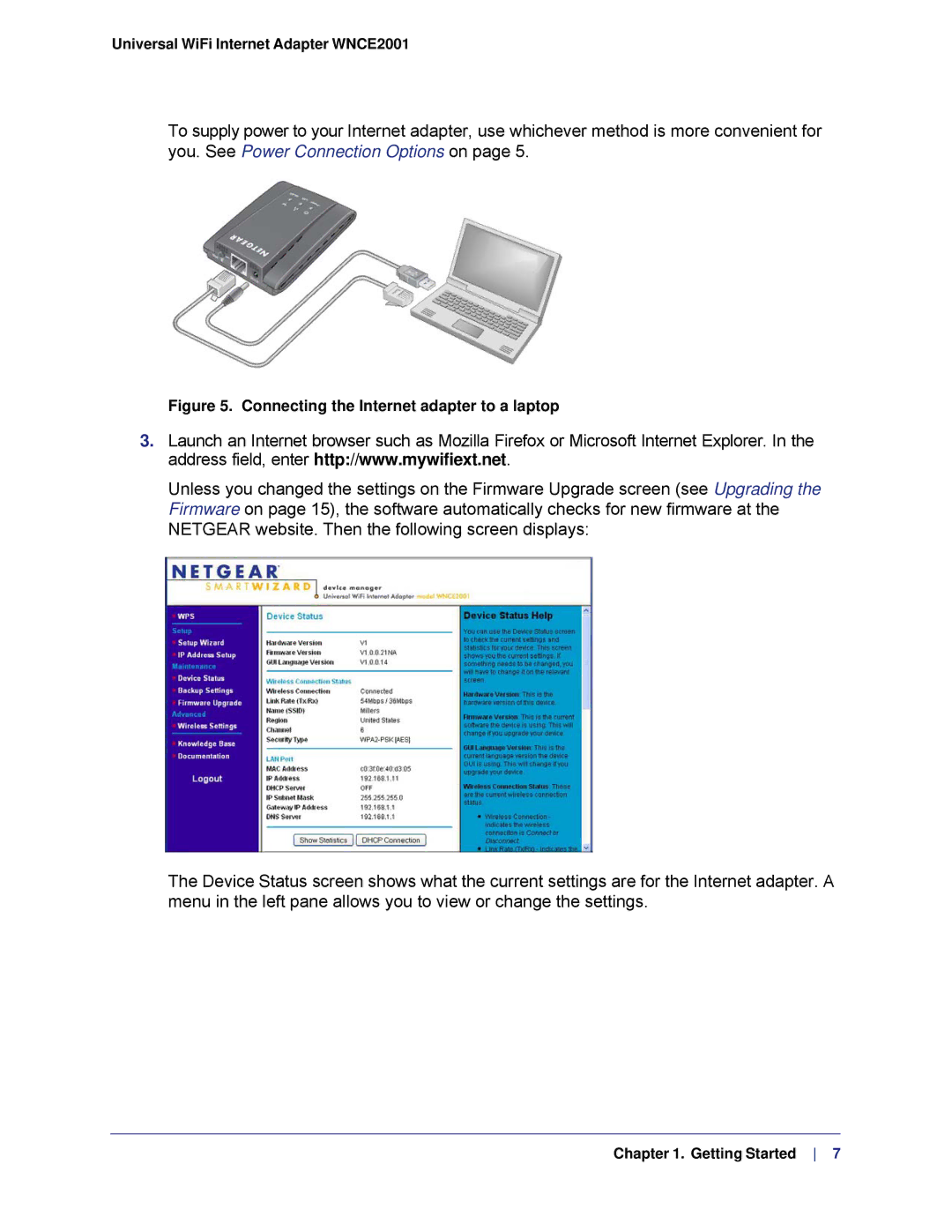 NETGEAR WMCE2001-100NAS, WNCE2001 user manual Connecting the Internet adapter to a laptop 