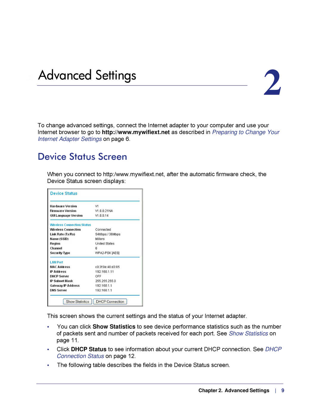 NETGEAR WMCE2001-100NAS, WNCE2001 user manual Advanced Settings, Device Status Screen 