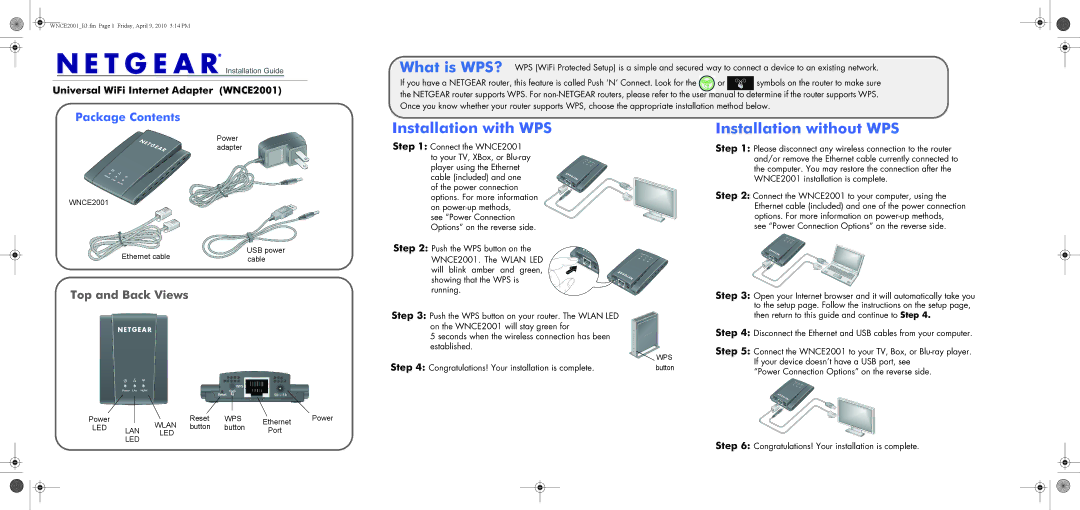 NETGEAR user manual Installation with WPS, Installation without WPS, Universal WiFi Internet Adapter WNCE2001 