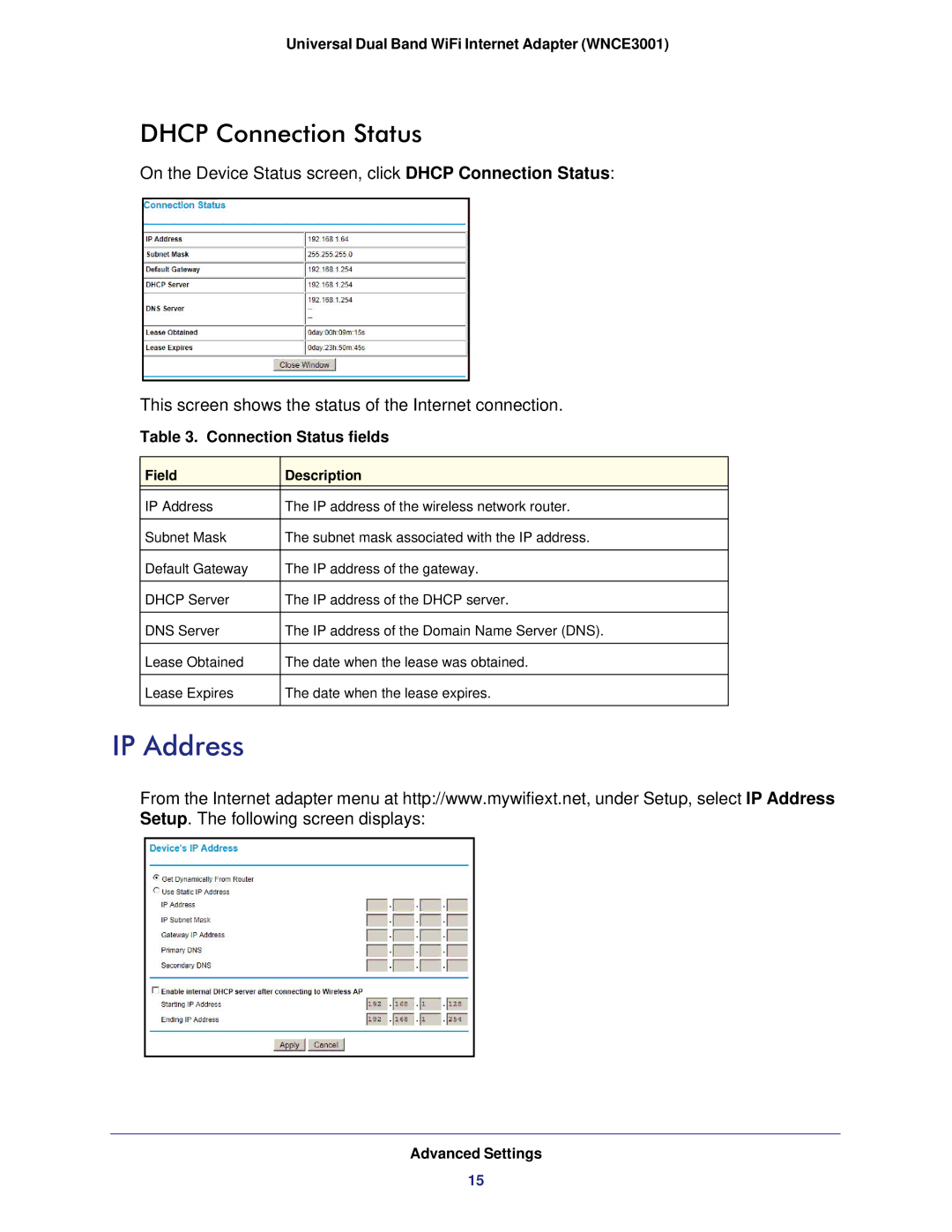 NETGEAR WNCE3001-100NAS user manual IP Address, Dhcp Connection Status, Connection Status fields 
