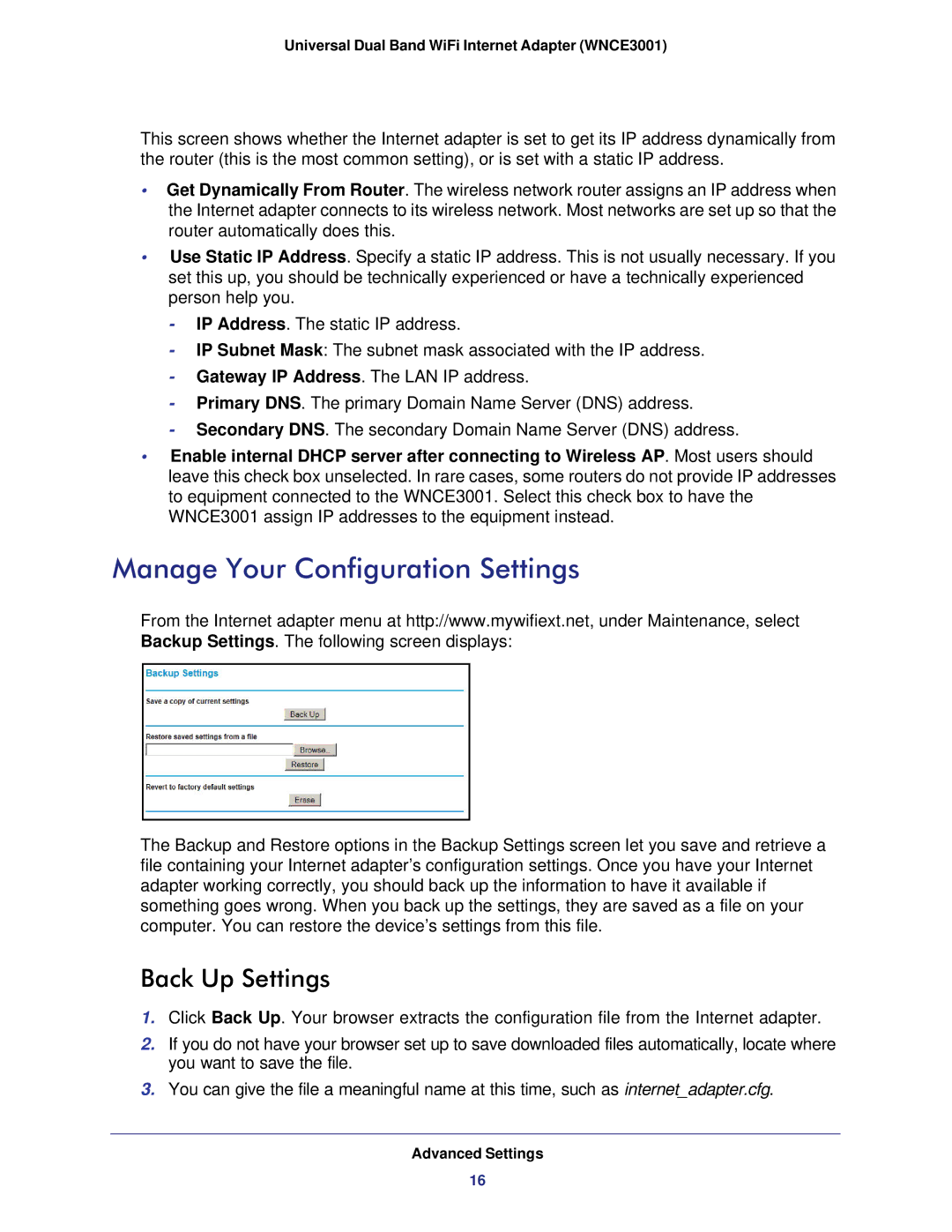 NETGEAR WNCE3001-100NAS user manual Manage Your Configuration Settings, Back Up Settings 