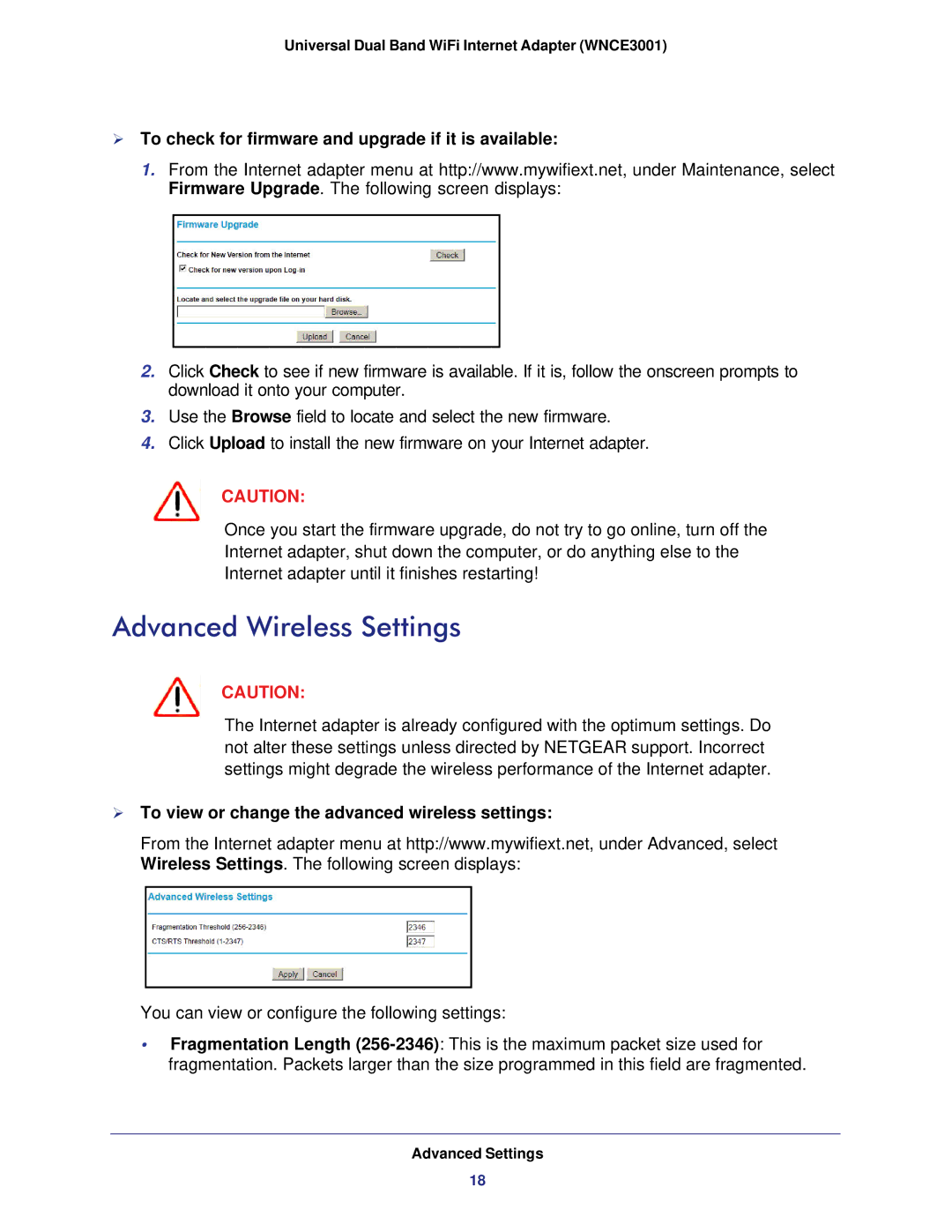 NETGEAR WNCE3001-100NAS user manual Advanced Wireless Settings,  To check for firmware and upgrade if it is available 