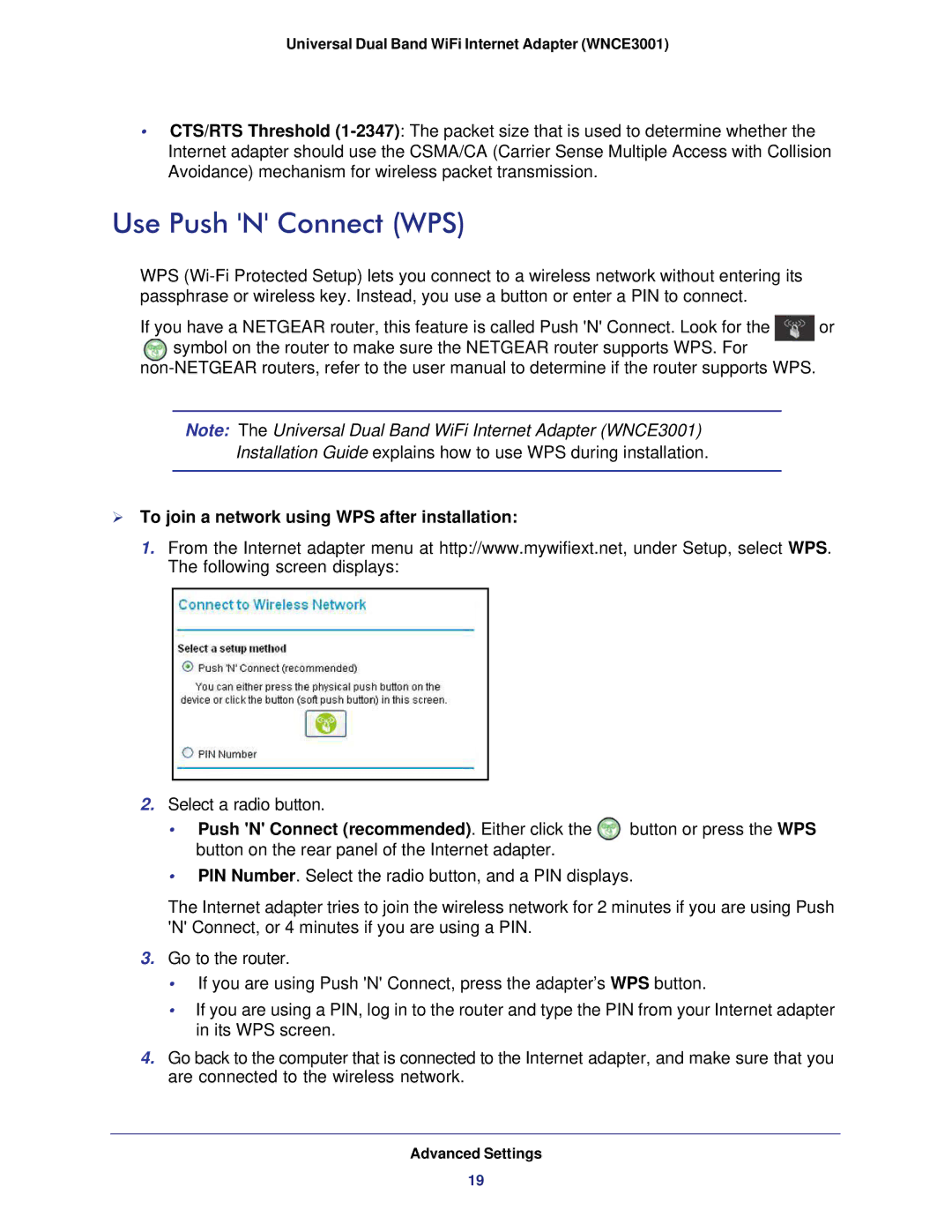 NETGEAR WNCE3001-100NAS user manual Use Push N Connect WPS,  To join a network using WPS after installation 