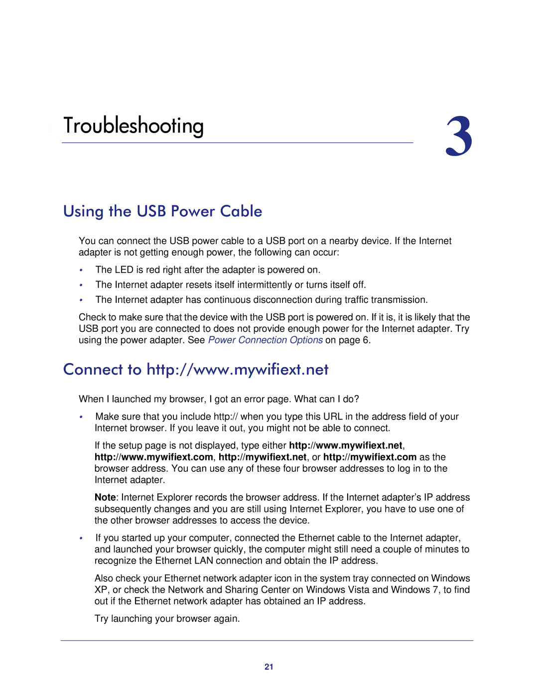 NETGEAR WNCE3001-100NAS user manual Troubleshooting, Using the USB Power Cable 