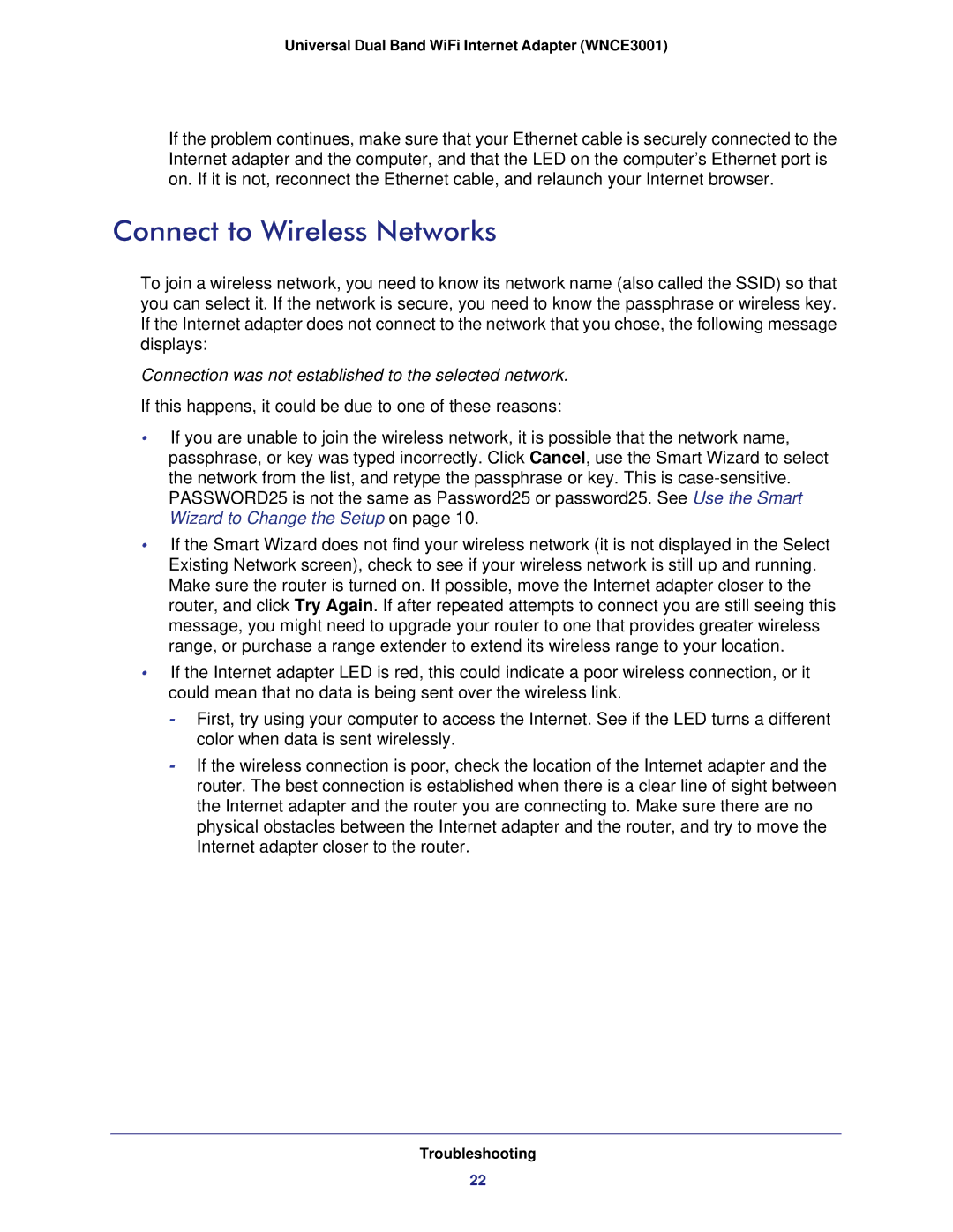 NETGEAR WNCE3001-100NAS user manual Connect to Wireless Networks, Troubleshooting 