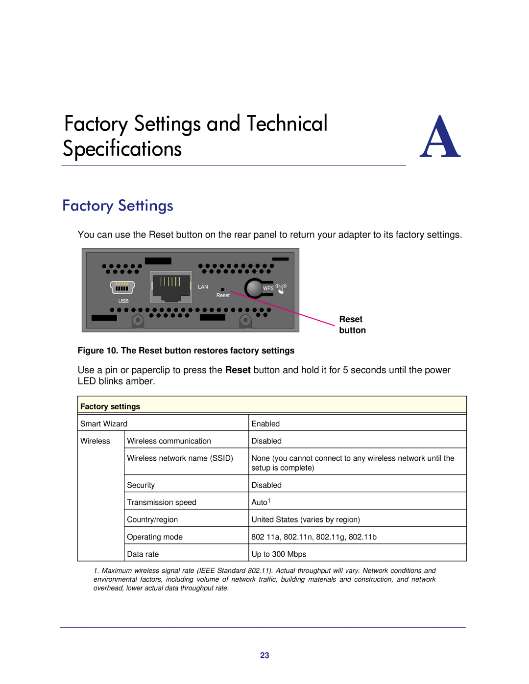 NETGEAR WNCE3001-100NAS user manual Factory Settings, Reset button 