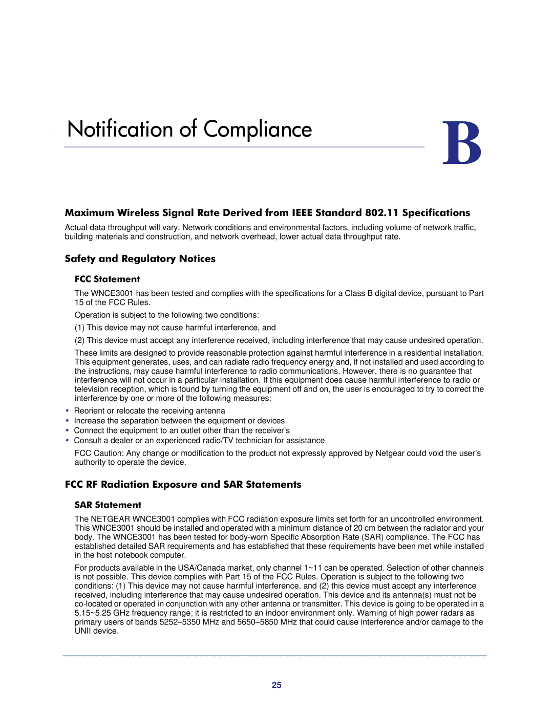 NETGEAR WNCE3001-100NAS Safety and Regulatory Notices, FCC RF Radiation Exposure and SAR Statements, FCC Statement 