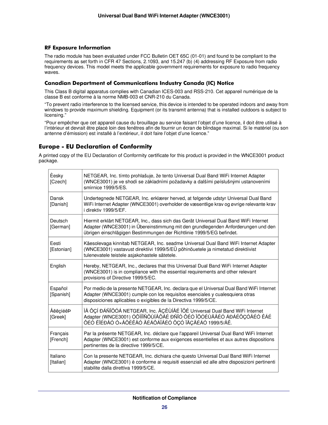 NETGEAR WNCE3001-100NAS user manual Europe EU Declaration of Conformity, Notification of Compliance 