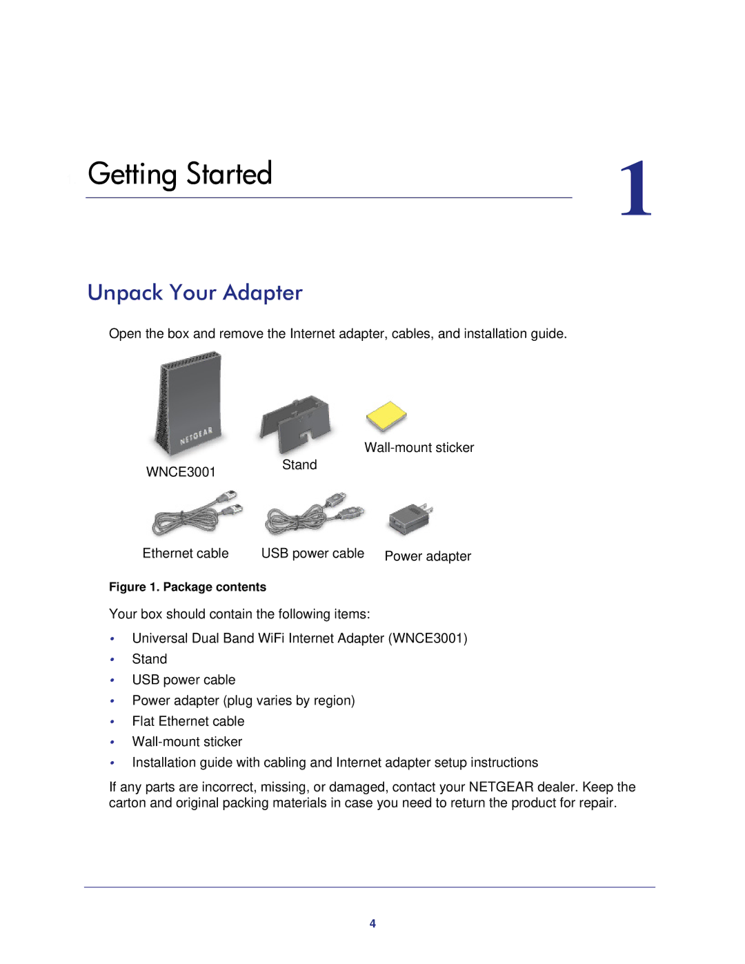 NETGEAR WNCE3001-100NAS user manual Unpack Your Adapter, Package contents 