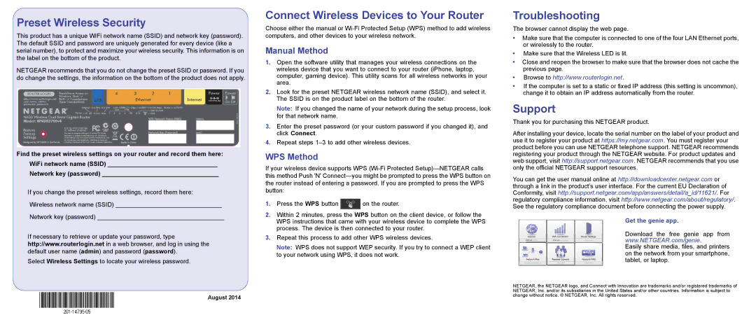 NETGEAR WND3700v4 manual Preset Wireless Security, Connect Wireless Devices to Your Router, Troubleshooting, Support 