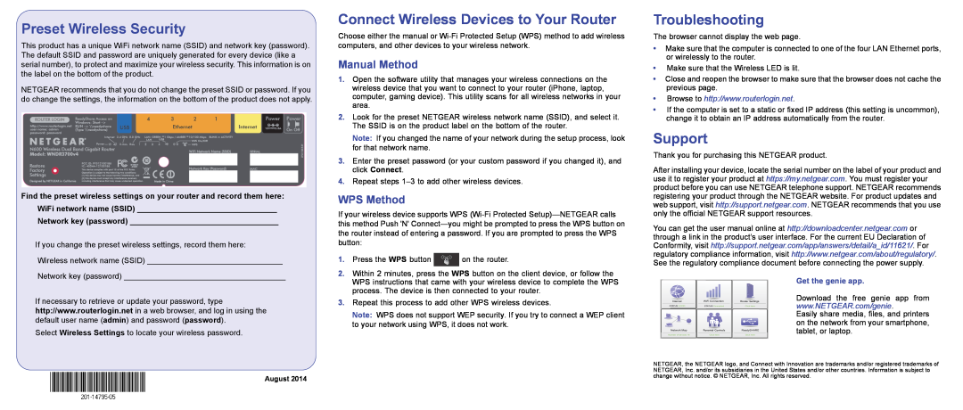 NETGEAR WND3700v4 Preset Wireless Security, Connect Wireless Devices to Your Router, Troubleshooting, Support, WPS Method 