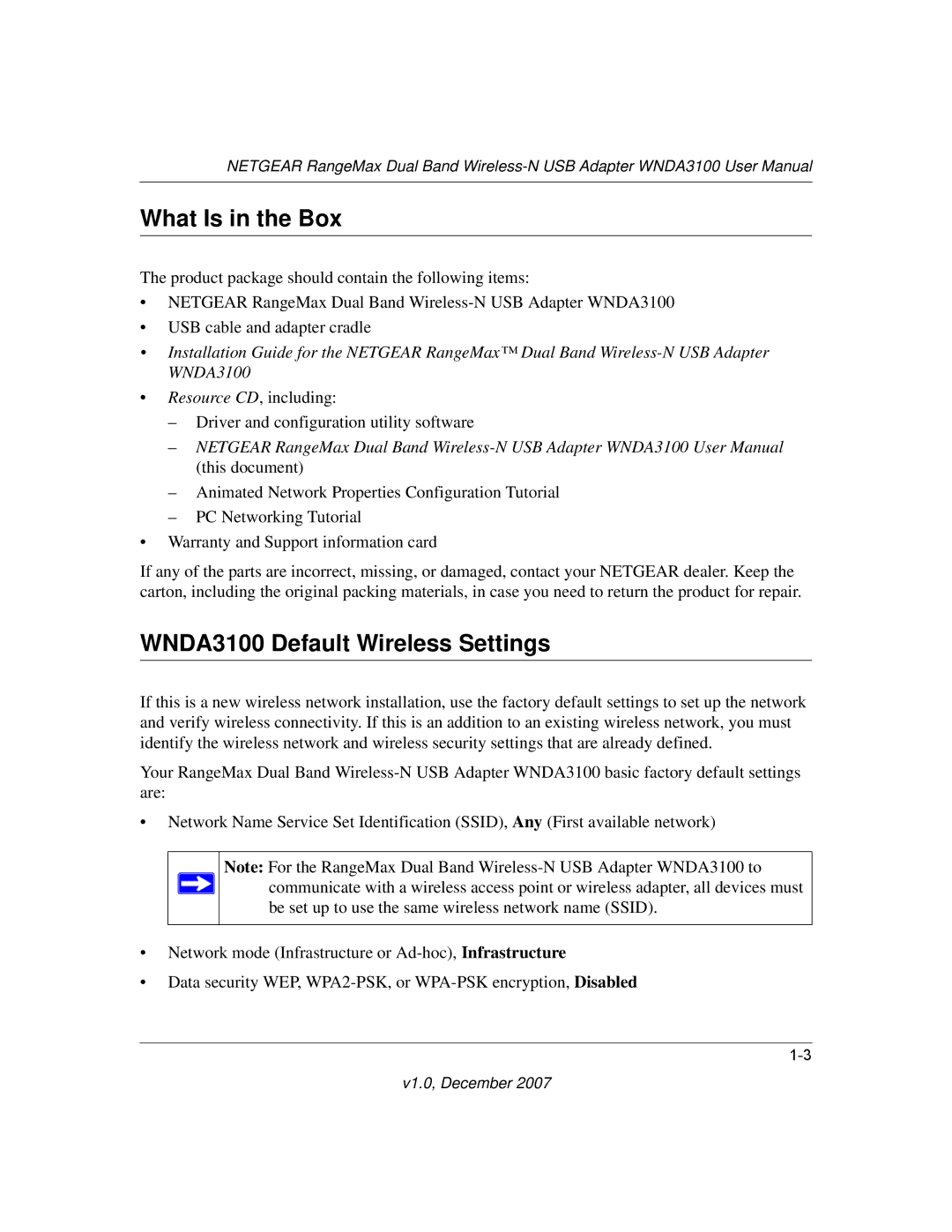 NETGEAR WNDA3100-100NAS user manual What Is in the Box, WNDA3100 Default Wireless Settings 