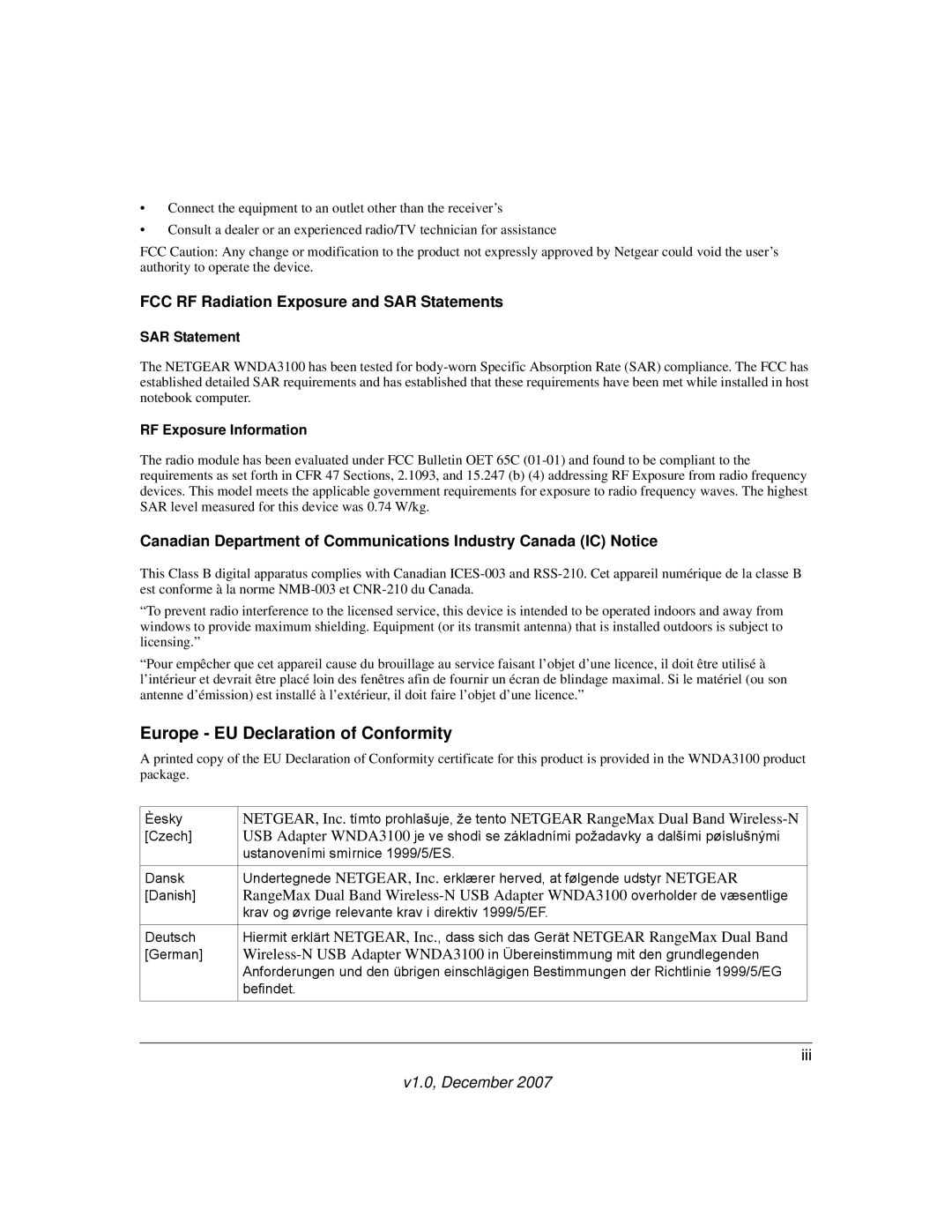 NETGEAR WNDA3100-100NAS user manual SAR Statement, RF Exposure Information 