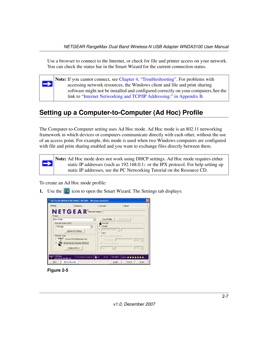 NETGEAR WNDA3100-100NAS user manual Setting up a Computer-to-Computer Ad Hoc Profile 