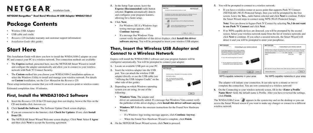 NETGEAR WNDA3100V2 warranty Package Contents, Start Here 