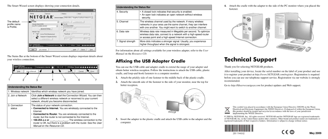 NETGEAR WNDA3100V2 warranty Technical Support, Affixing the USB Adapter Cradle, Thank you for selecting Netgear products 