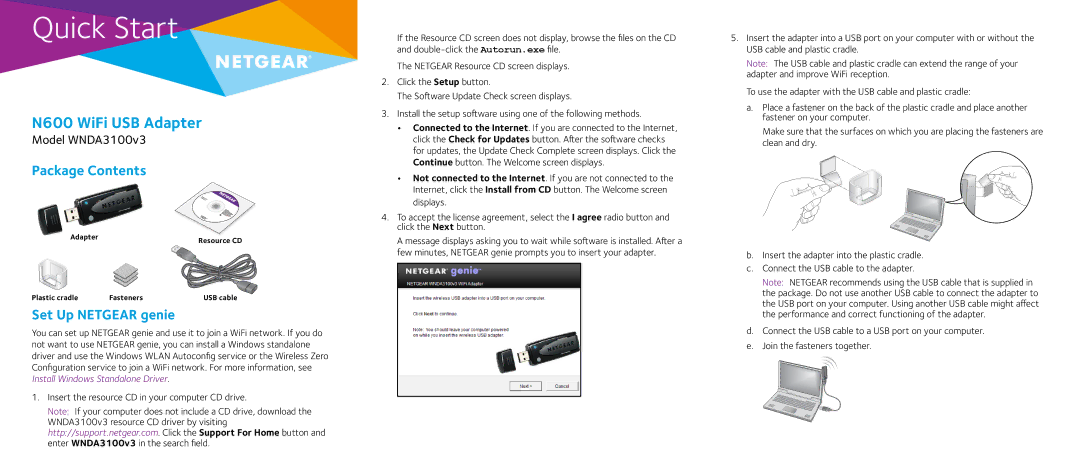 NETGEAR WNDA3100v3 quick start N600 WiFi USB Adapter, Package Contents, Set Up Netgear genie 