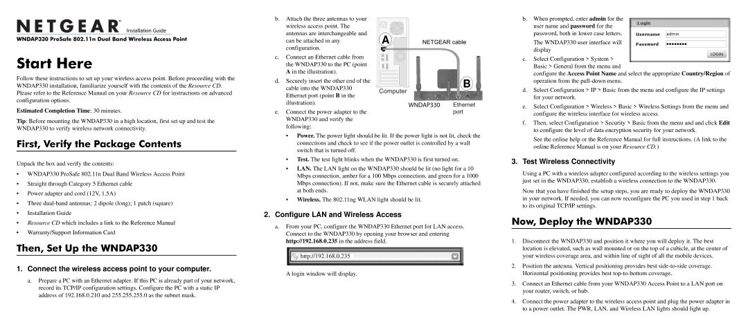 NETGEAR WNDAP330-100NAS warranty First, Verify the Package Contents, Then, Set Up the WNDAP330, Now, Deploy the WNDAP330 