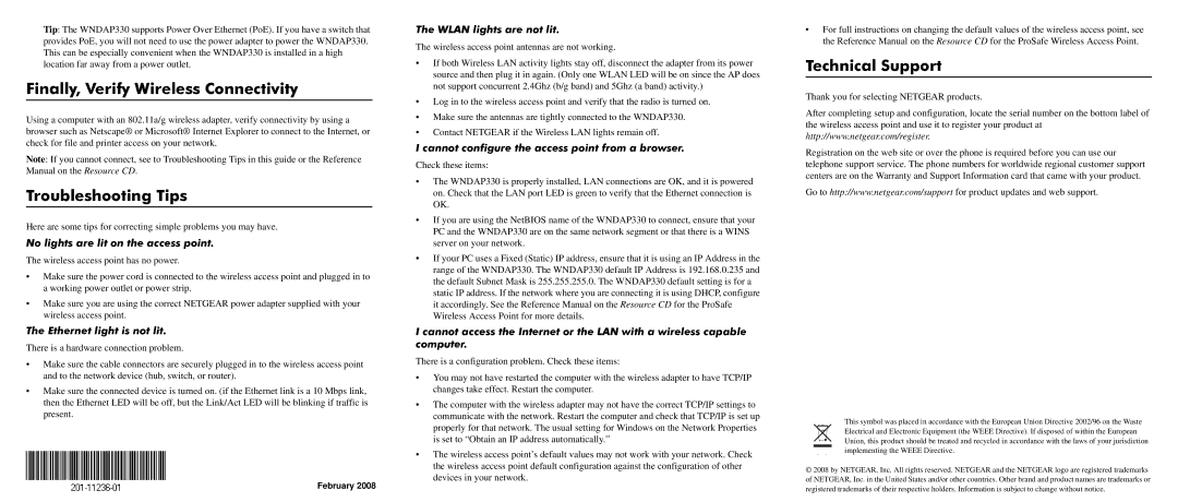 NETGEAR WNDAP330-100NAS warranty Finally, Verify Wireless Connectivity, Troubleshooting Tips, Technical Support 