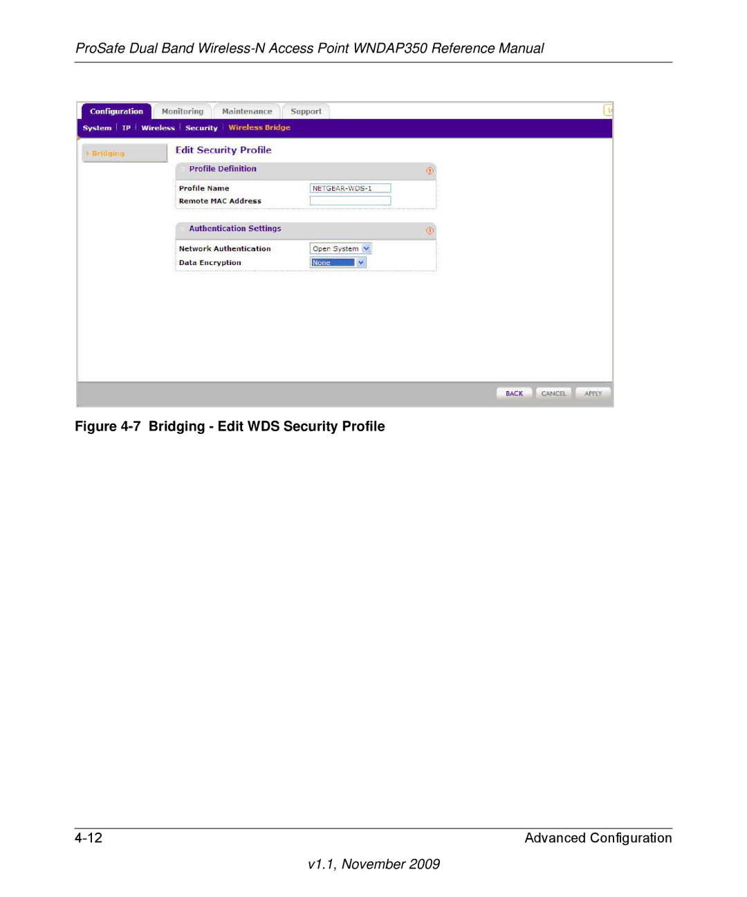 NETGEAR WNDAP350-100NAS manual Bridging Edit WDS Security Profile 