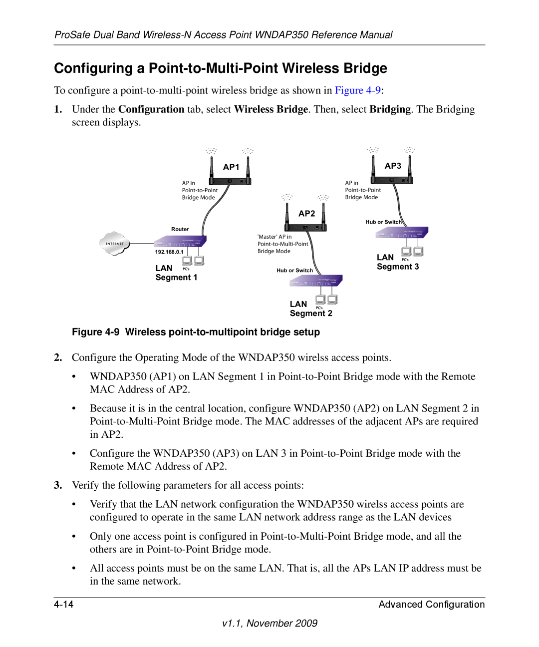 NETGEAR WNDAP350-100NAS Configuring a Point-to-Multi-Point Wireless Bridge, Wireless point-to-multipoint bridge setup 