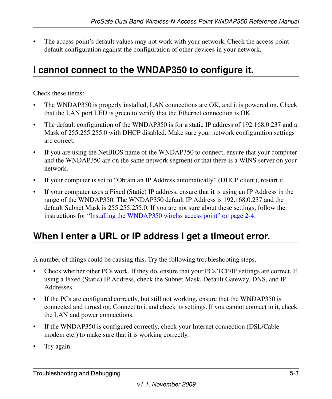 NETGEAR WNDAP350-100NAS manual Cannot connect to the WNDAP350 to configure it 