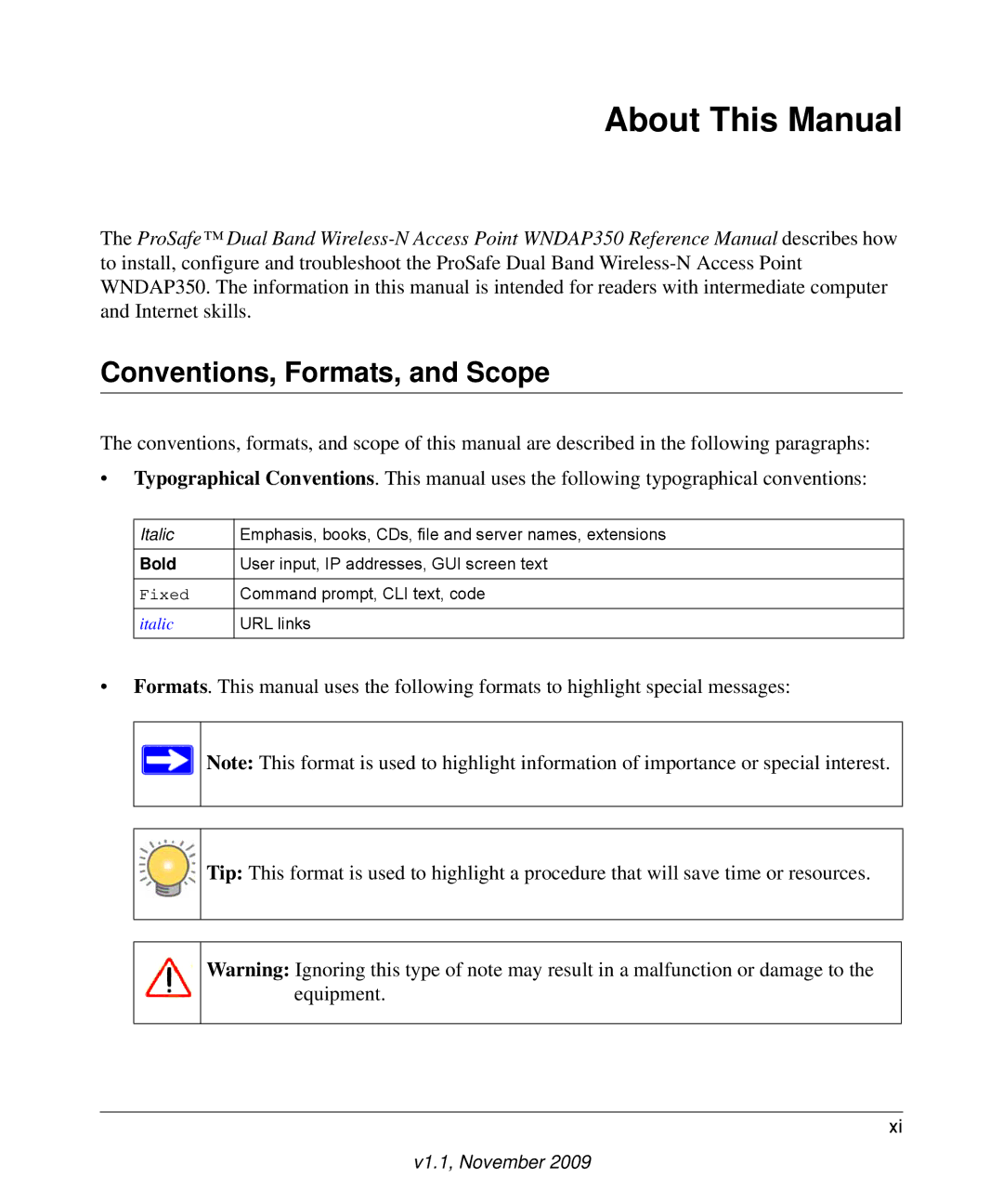 NETGEAR WNDAP350-100NAS manual About This Manual, Conventions, Formats, and Scope 