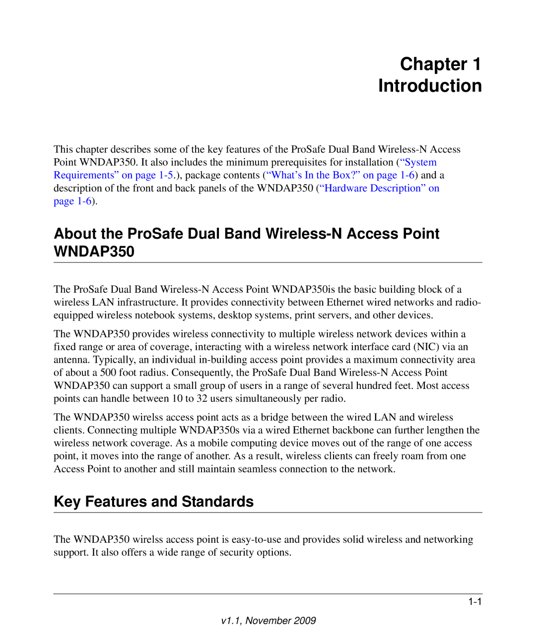 NETGEAR WNDAP350-100NAS manual Chapter Introduction, Key Features and Standards 