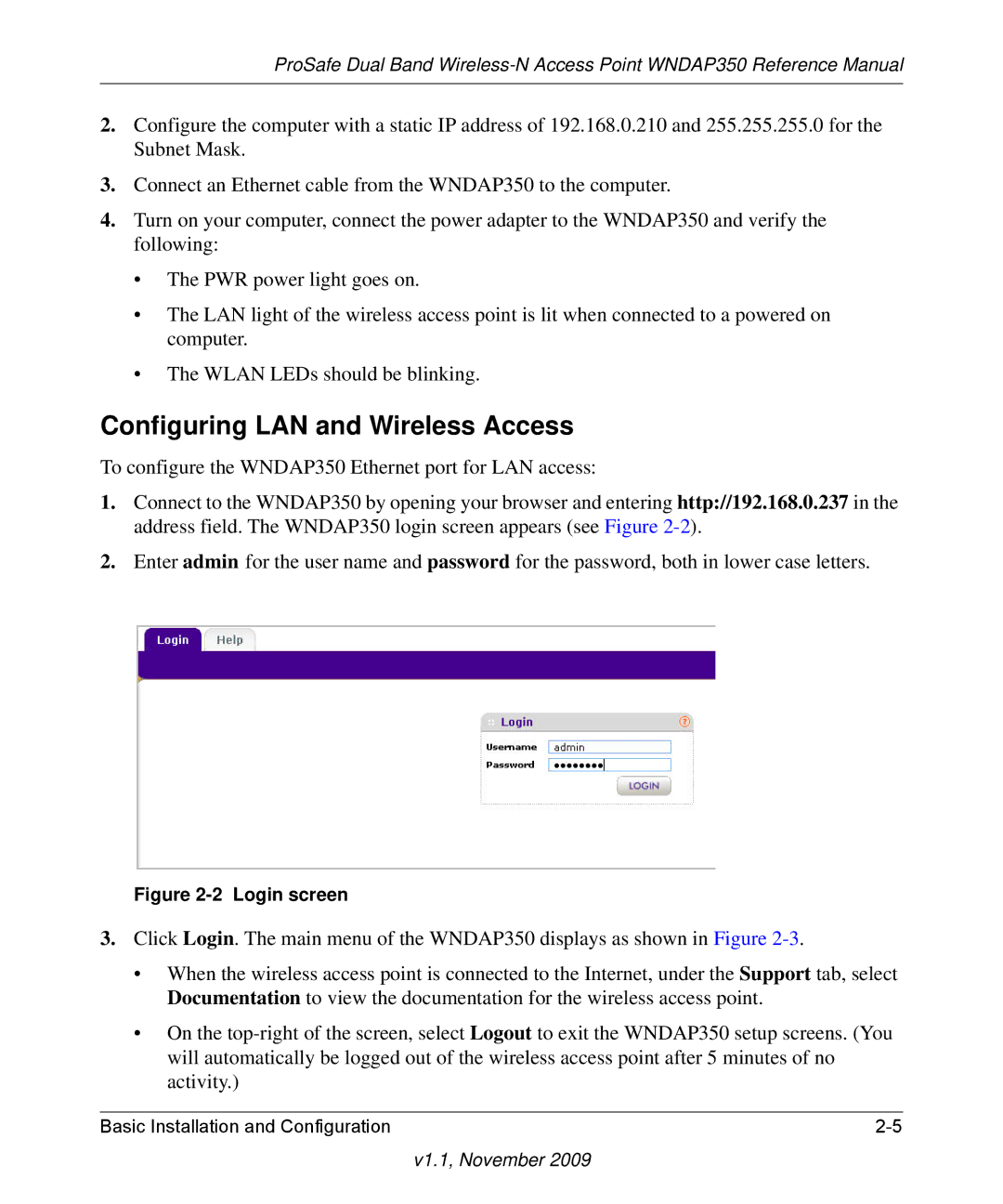 NETGEAR WNDAP350-100NAS manual Configuring LAN and Wireless Access, Login screen 