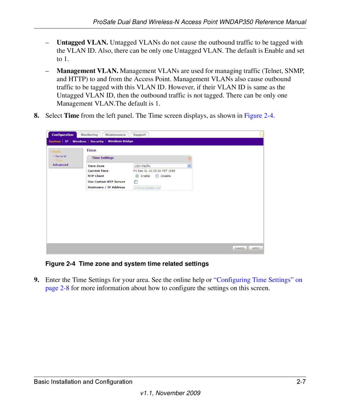 NETGEAR WNDAP350-100NAS manual Time zone and system time related settings 