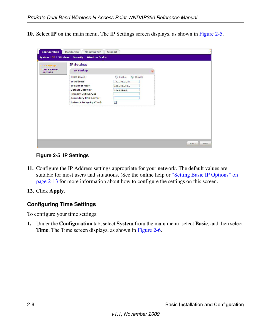 NETGEAR WNDAP350-100NAS manual Configuring Time Settings 