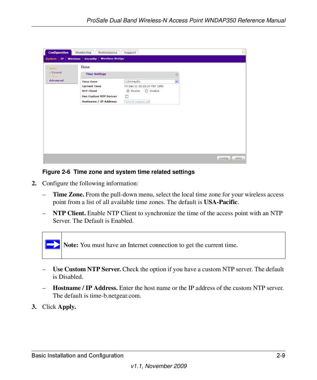 NETGEAR WNDAP350-100NAS manual Time zone and system time related settings 