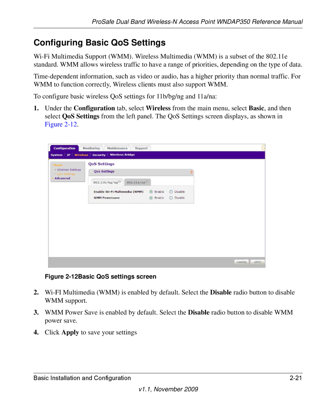 NETGEAR WNDAP350-100NAS manual Configuring Basic QoS Settings, 12Basic QoS settings screen 