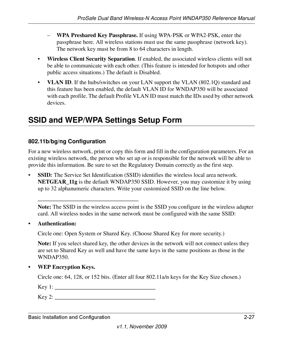 NETGEAR WNDAP350-100NAS manual Ssid and WEP/WPA Settings Setup Form, 802.11b/bg/ng Configuration 