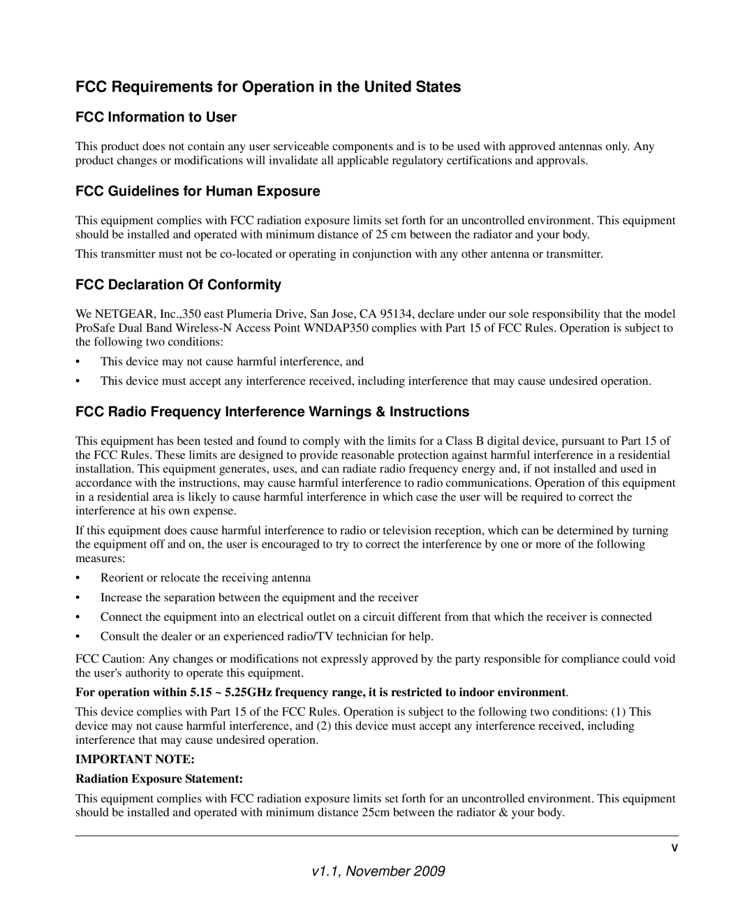 NETGEAR WNDAP350-100NAS manual FCC Requirements for Operation in the United States 