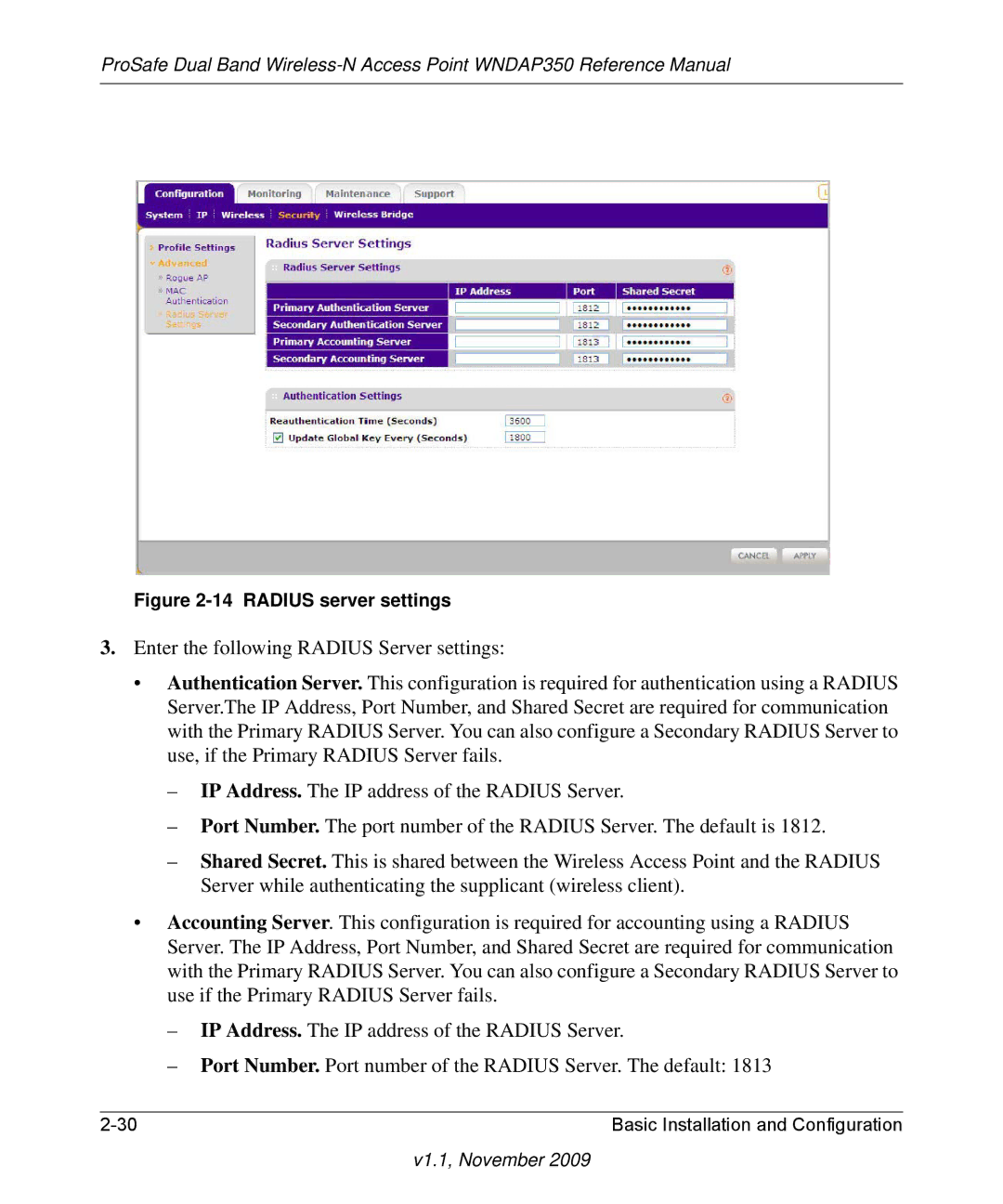 NETGEAR WNDAP350-100NAS manual Radius server settings 