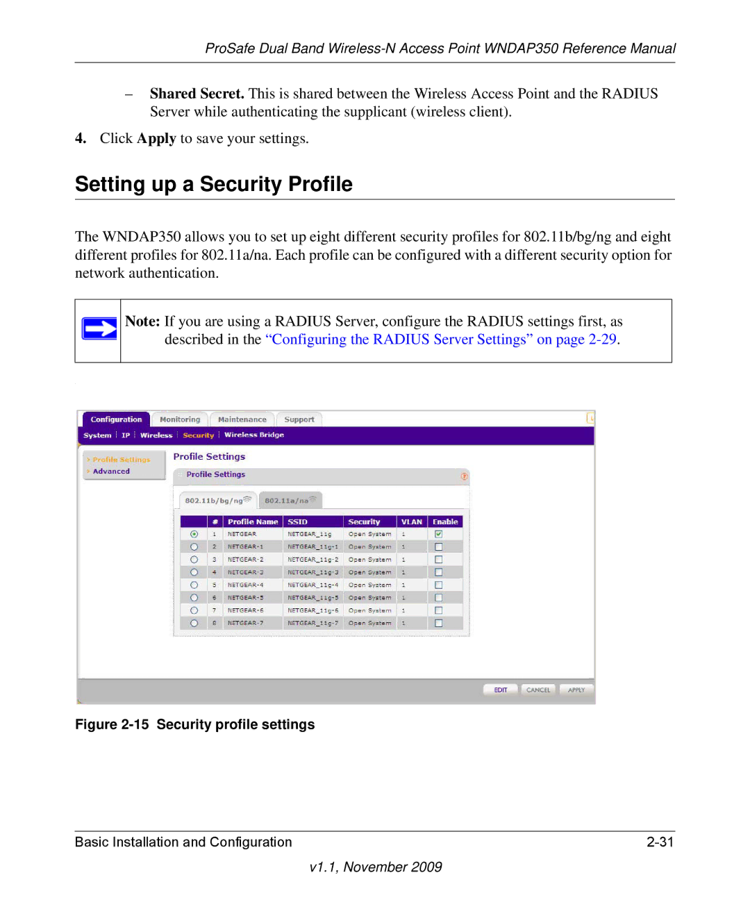 NETGEAR WNDAP350-100NAS manual Setting up a Security Profile, Security profile settings 