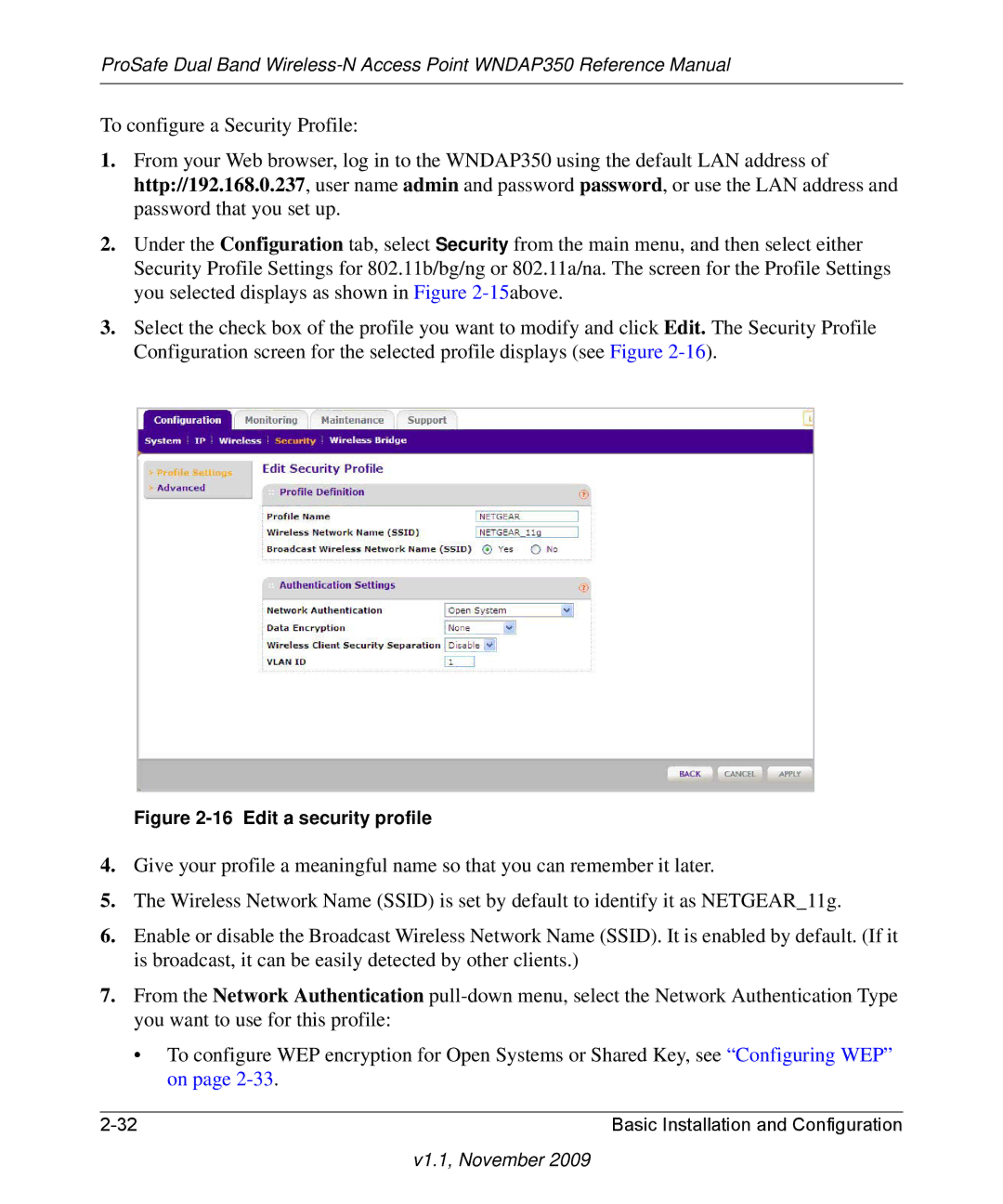 NETGEAR WNDAP350-100NAS manual Edit a security profile 